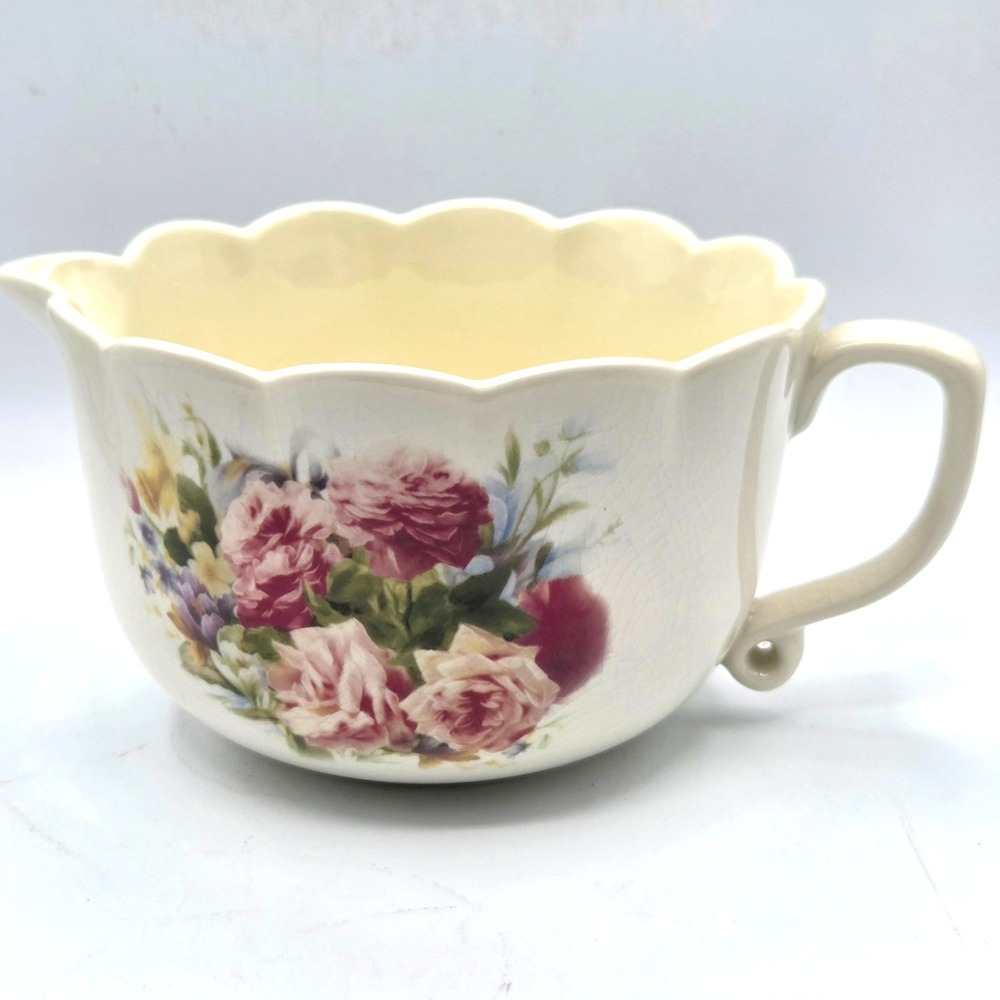 VINTAGE Cream Ceramic Pour Bowl Hand Painted Roses Scalloped Rim
